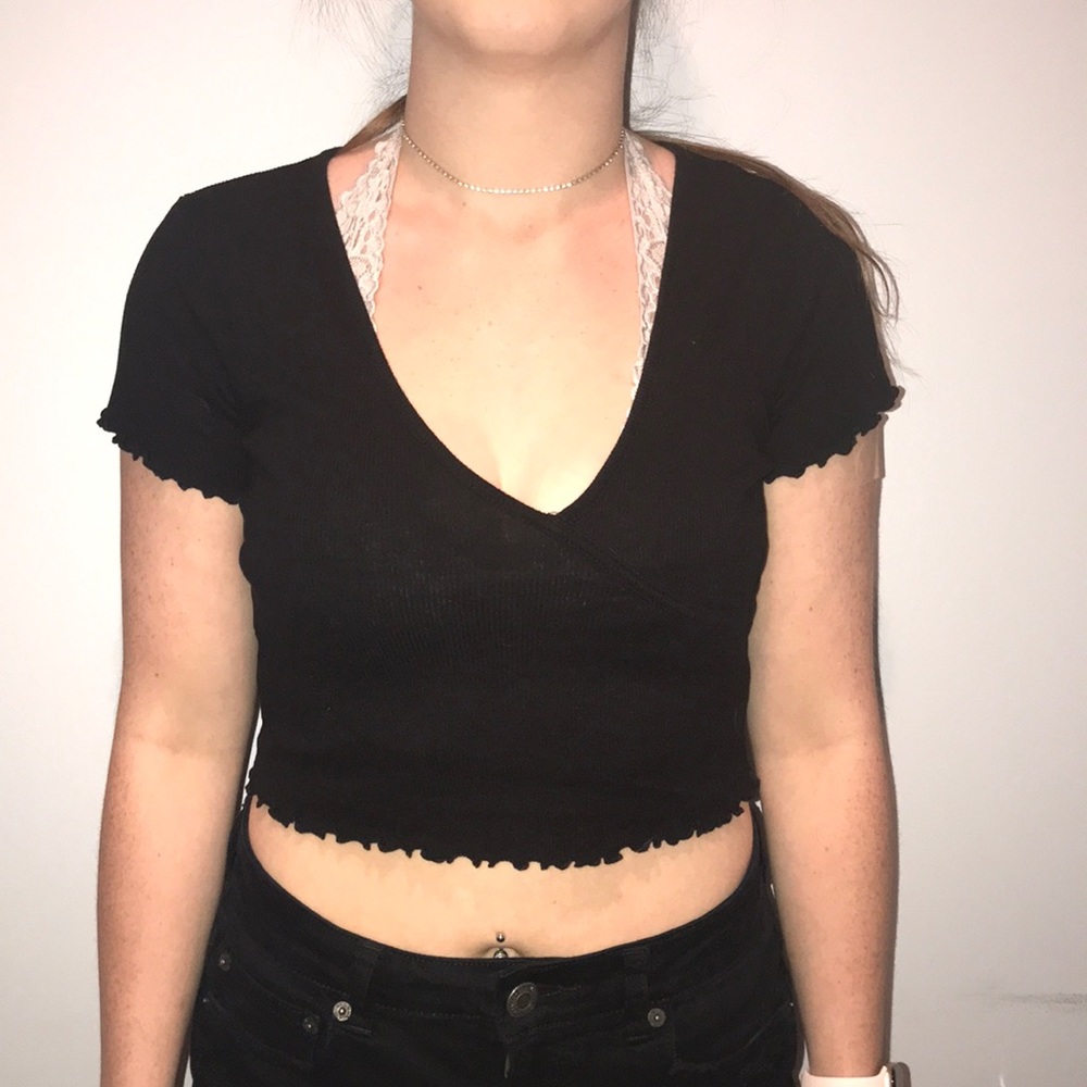 Wrap Around Black Ruffle Crop Top